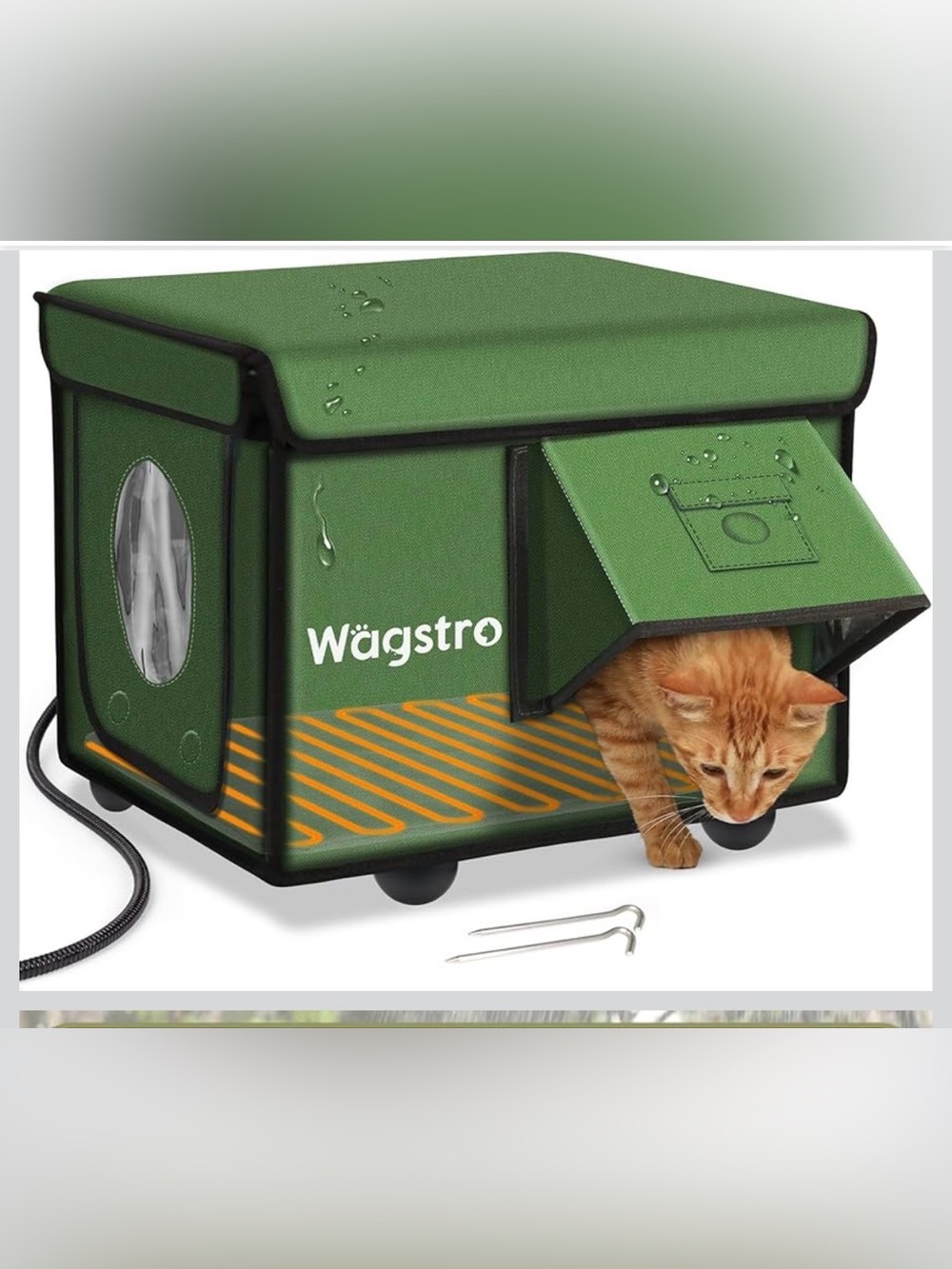 New Open Box Green Heated Cat House for Outside, Waterproof Awning & Escape Doo